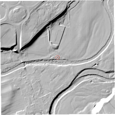 Shaded relief map of the ground around CA102BE, computed from Environment Agency LiDAR. The ground here sits at about 118 m above sea level and falls 24 m across the surrounding 800 m. Surface water reaching this point runs off ground lying to the west, 2.0 m higher.