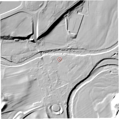 Shaded relief map of the ground around CA102BN, computed from Environment Agency LiDAR. The ground here sits at about 119 m above sea level and falls 25 m across the surrounding 800 m. Surface water reaching this point runs off ground lying to the south-west, 13.4 m higher.