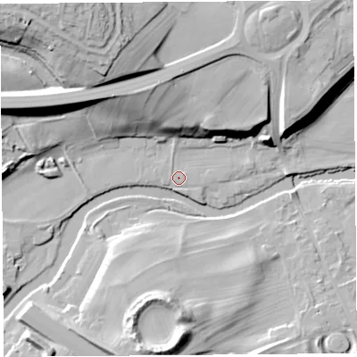 Shaded relief map of the ground around CA102BQ, computed from Environment Agency LiDAR. The ground here sits at about 120 m above sea level and falls 36 m across the surrounding 800 m. Surface water reaching this point runs off ground lying to the south-south-west, 0.7 m higher.