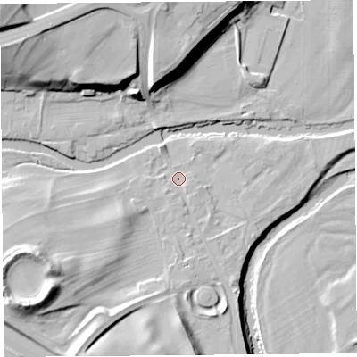 Shaded relief map of the ground around CA102BS, computed from Environment Agency LiDAR. The ground here sits at about 119 m above sea level and falls 30 m across the surrounding 800 m. Surface water reaching this point runs off ground lying to the south, 2.9 m higher.