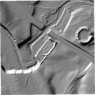 Shaded relief map of the ground around CA102BY, computed from Environment Agency LiDAR. The ground here sits at about 126 m above sea level and falls 24 m across the surrounding 800 m. Surface water reaching this point runs off ground lying to the south-south-east, 6.8 m higher.