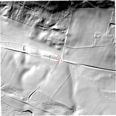 Shaded relief map of the ground around CA102DS, computed from Environment Agency LiDAR. The ground here sits at about 134 m above sea level and falls 72 m across the surrounding 800 m. Surface water reaching this point runs off ground lying to the north-east, 59.8 m higher.