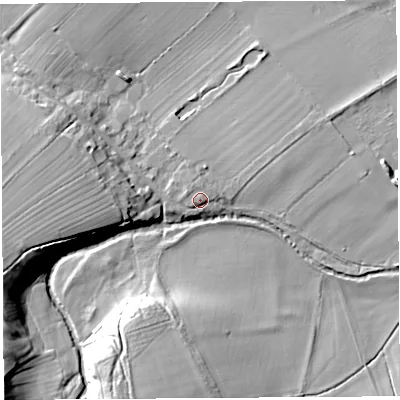 Shaded relief map of the ground around CA102DX, computed from Environment Agency LiDAR. The ground here sits at about 131 m above sea level and falls 24 m across the surrounding 800 m. Surface water reaching this point runs off ground lying to the west-south-west, 1.5 m higher.