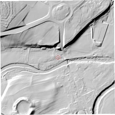 Shaded relief map of the ground around CA102DY, computed from Environment Agency LiDAR. The ground here sits at about 119 m above sea level and falls 36 m across the surrounding 800 m. Surface water reaching this point runs off ground lying to the west-north-west, 19.2 m higher.