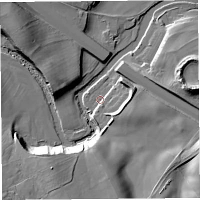 Shaded relief map of the ground around CA102EU, computed from Environment Agency LiDAR. The ground here sits at about 123 m above sea level and falls 25 m across the surrounding 800 m. Surface water reaching this point runs off ground lying to the south, 18.4 m higher.