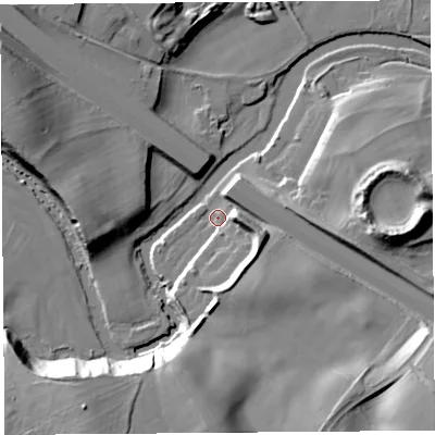 Shaded relief map of the ground around CA102EW, computed from Environment Agency LiDAR. The ground here sits at about 123 m above sea level and falls 24 m across the surrounding 800 m. Surface water reaching this point runs off ground lying to the south, 18.9 m higher.