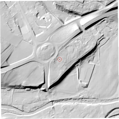 Shaded relief map of the ground around CA102FA, computed from Environment Agency LiDAR. The ground here sits at about 132 m above sea level and falls 29 m across the surrounding 800 m. Surface water reaching this point runs off ground lying to the north-west, 1.7 m higher.