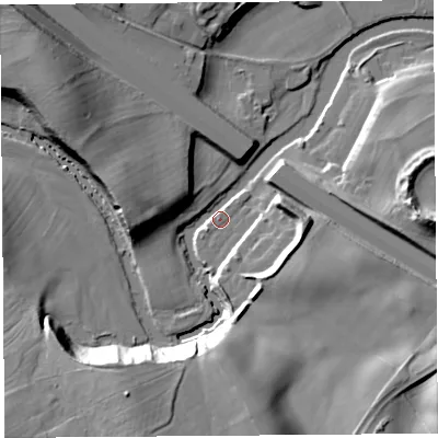 Shaded relief map of the ground around CA102FB, computed from Environment Agency LiDAR. The ground here sits at about 123 m above sea level and falls 24 m across the surrounding 800 m. Surface water reaching this point runs off ground lying to the south-west, 22.0 m higher.
