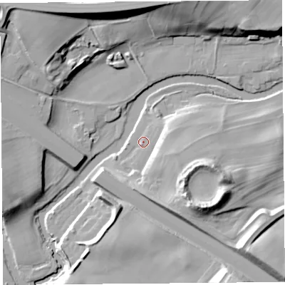 Shaded relief map of the ground around CA102FD, computed from Environment Agency LiDAR. The ground here sits at about 123 m above sea level and falls 22 m across the surrounding 800 m. Surface water reaching this point runs off ground lying to the east-south-east, 8.0 m higher.