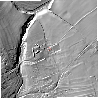 Shaded relief map of the ground around CA102JH, computed from Environment Agency LiDAR. The ground here sits at about 152 m above sea level and falls 51 m across the surrounding 800 m. Surface water reaching this point runs off ground lying to the south-east, 29.7 m higher.