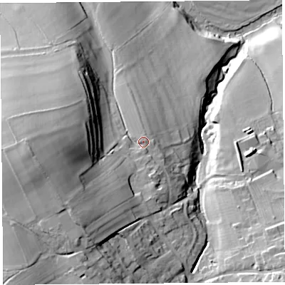 Shaded relief map of the ground around CA102JT, computed from Environment Agency LiDAR. The ground here sits at about 161 m above sea level and falls 55 m across the surrounding 800 m. Surface water reaching this point runs off ground lying to the west-south-west, 23.1 m higher.