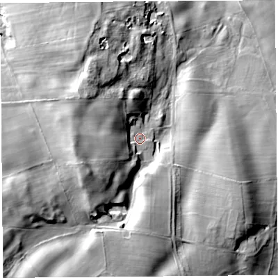 Shaded relief map of the ground around CA102LG, computed from Environment Agency LiDAR. The ground here sits at about 206 m above sea level and falls 38 m across the surrounding 800 m. Surface water reaching this point runs off ground lying to the west-south-west, 21.5 m higher.