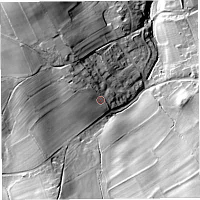 Shaded relief map of the ground around CA102LL, computed from Environment Agency LiDAR. The ground here sits at about 173 m above sea level and falls 42 m across the surrounding 800 m. Surface water reaching this point runs off ground lying to the north-west, 6.9 m higher.