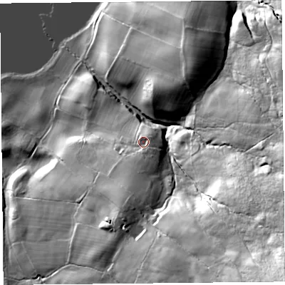Shaded relief map of the ground around CA102NA, computed from Environment Agency LiDAR. The ground here sits at about 174 m above sea level and falls 91 m across the surrounding 800 m. Surface water reaching this point runs off ground lying to the south, 15.2 m higher.