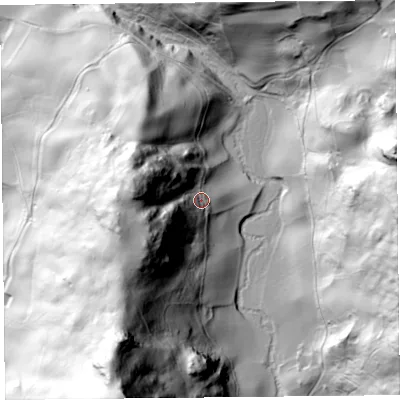 Shaded relief map of the ground around CA102NF, computed from Environment Agency LiDAR. The ground here sits at about 205 m above sea level and falls 135 m across the surrounding 800 m. Surface water reaching this point runs off ground lying to the west, 64.4 m higher.
