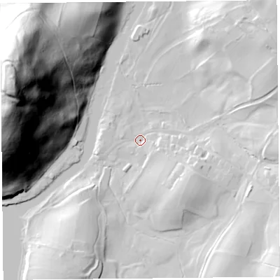 Shaded relief map of the ground around CA102NN, computed from Environment Agency LiDAR. The ground here sits at about 148 m above sea level and falls 100 m across the surrounding 800 m. Surface water reaching this point runs off ground lying to the south-east, 13.5 m higher.