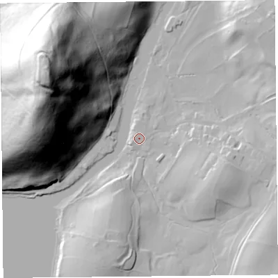Shaded relief map of the ground around CA102NP, computed from Environment Agency LiDAR. The ground here sits at about 148 m above sea level and falls 100 m across the surrounding 800 m. Surface water reaching this point runs off ground lying to the south-east, 2.4 m higher.