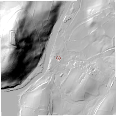 Shaded relief map of the ground around CA102NW, computed from Environment Agency LiDAR. The ground here sits at about 147 m above sea level and falls 100 m across the surrounding 800 m. Surface water reaching this point runs off ground lying to the south-south-west, 1.8 m higher.