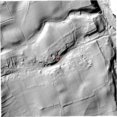 Shaded relief map of the ground around CA102PF, computed from Environment Agency LiDAR. The ground here sits at about 196 m above sea level and falls 64 m across the surrounding 800 m. Surface water reaching this point runs off ground lying to the west-south-west, 26.2 m higher.