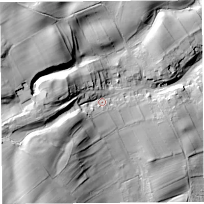 Shaded relief map of the ground around CA102PG, computed from Environment Agency LiDAR. The ground here sits at about 209 m above sea level and falls 55 m across the surrounding 800 m. Surface water reaching this point runs off ground lying to the south-west, 33.8 m higher.