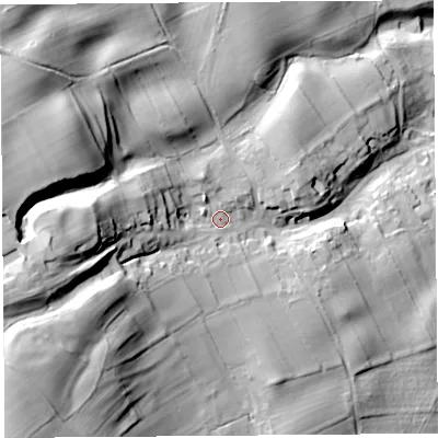 Shaded relief map of the ground around CA102PQ, computed from Environment Agency LiDAR. The ground here sits at about 204 m above sea level and falls 59 m across the surrounding 800 m. Surface water reaching this point runs off ground lying to the south-west, 32.6 m higher.