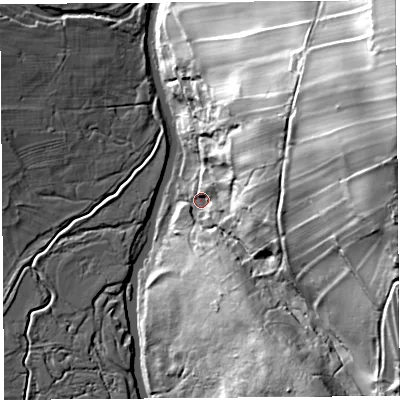 Shaded relief map of the ground around CA102PU, computed from Environment Agency LiDAR. The ground here sits at about 174 m above sea level and falls 70 m across the surrounding 800 m. Surface water reaching this point runs off ground lying to the east-north-east, 65.7 m higher.