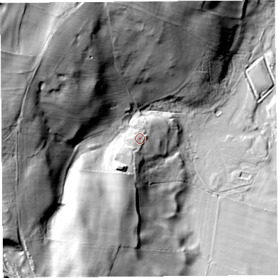 Shaded relief map of the ground around CA102QB, computed from Environment Agency LiDAR. The ground here sits at about 190 m above sea level and falls 65 m across the surrounding 800 m. Surface water reaching this point runs off ground lying to the south-west, 5.6 m higher.