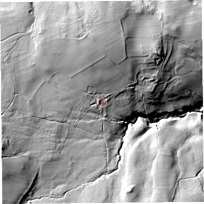 Shaded relief map of the ground around CA102QL, computed from Environment Agency LiDAR. The ground here sits at about 296 m above sea level and falls 81 m across the surrounding 800 m. Surface water reaching this point runs off ground lying to the north-west, 23.5 m higher.