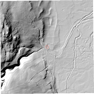 Shaded relief map of the ground around CA102QQ, computed from Environment Agency LiDAR. The ground here sits at about 176 m above sea level and falls 75 m across the surrounding 800 m. Surface water reaching this point runs off ground lying to the west-north-west, 3.8 m higher.
