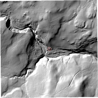 Shaded relief map of the ground around CA102RB, computed from Environment Agency LiDAR. The ground here sits at about 288 m above sea level and falls 67 m across the surrounding 800 m. Surface water reaching this point runs off ground lying to the north, 26.1 m higher.