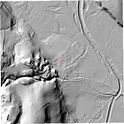 Shaded relief map of the ground around CA102RE, computed from Environment Agency LiDAR. The ground here sits at about 177 m above sea level and falls 68 m across the surrounding 800 m. Surface water reaching this point runs off ground lying to the south-west, 13.3 m higher.