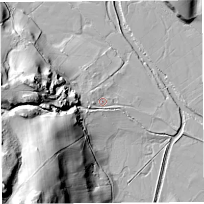 Shaded relief map of the ground around CA102RG, computed from Environment Agency LiDAR. The ground here sits at about 177 m above sea level and falls 71 m across the surrounding 800 m. Surface water reaching this point runs off ground lying to the west, 1.9 m higher.