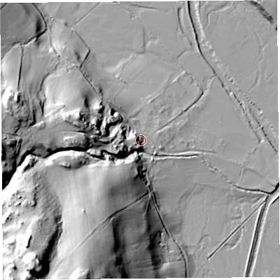 Shaded relief map of the ground around CA102RQ, computed from Environment Agency LiDAR. The ground here sits at about 181 m above sea level and falls 71 m across the surrounding 800 m. Surface water reaching this point runs off ground lying to the west-south-west, 11.7 m higher.
