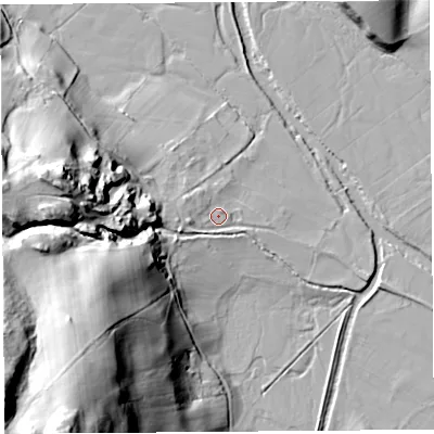 Shaded relief map of the ground around CA102RS, computed from Environment Agency LiDAR. The ground here sits at about 177 m above sea level and falls 68 m across the surrounding 800 m. Surface water reaching this point runs off ground lying to the west, 2.2 m higher.