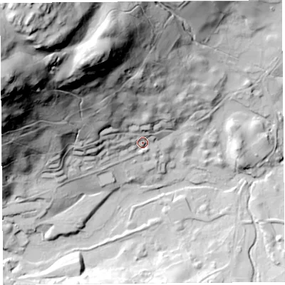 Shaded relief map of the ground around CA102RW, computed from Environment Agency LiDAR. The ground here sits at about 219 m above sea level and falls 119 m across the surrounding 800 m. Surface water reaching this point runs off ground lying to the north-west, 74.7 m higher.