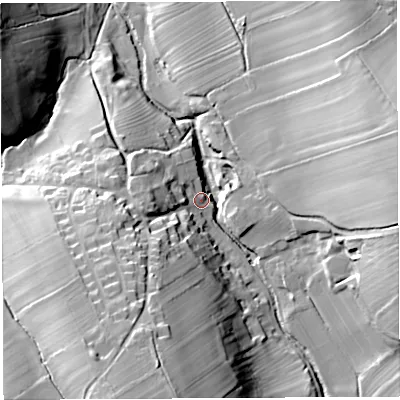 Shaded relief map of the ground around CA103AZ, computed from Environment Agency LiDAR. The ground here sits at about 134 m above sea level and falls 44 m across the surrounding 800 m. Surface water reaching this point runs off ground lying to the south-south-west, 33.0 m higher.