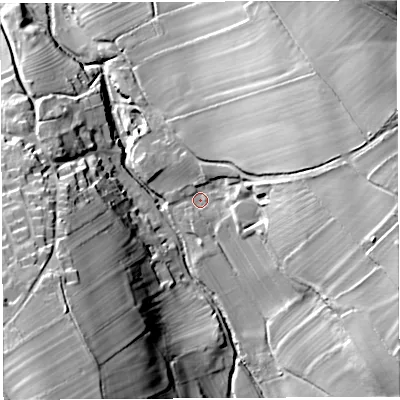 Shaded relief map of the ground around CA103BA, computed from Environment Agency LiDAR. The ground here sits at about 134 m above sea level and falls 45 m across the surrounding 800 m. Surface water reaching this point runs off ground lying to the east-south-east, 31.3 m higher.