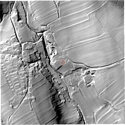 Shaded relief map of the ground around CA103BG, computed from Environment Agency LiDAR. The ground here sits at about 135 m above sea level and falls 45 m across the surrounding 800 m. Surface water reaching this point runs off ground lying to the east, 25.2 m higher.