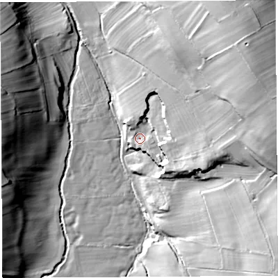 Shaded relief map of the ground around CA103BP, computed from Environment Agency LiDAR. The ground here sits at about 143 m above sea level and falls 39 m across the surrounding 800 m. Surface water reaching this point runs off ground lying to the east-south-east, 14.9 m higher.