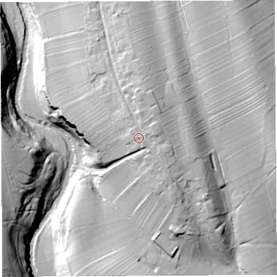 Shaded relief map of the ground around CA103BU, computed from Environment Agency LiDAR. The ground here sits at about 168 m above sea level and falls 43 m across the surrounding 800 m. Surface water reaching this point runs off ground lying to the east-north-east, 4.8 m higher.