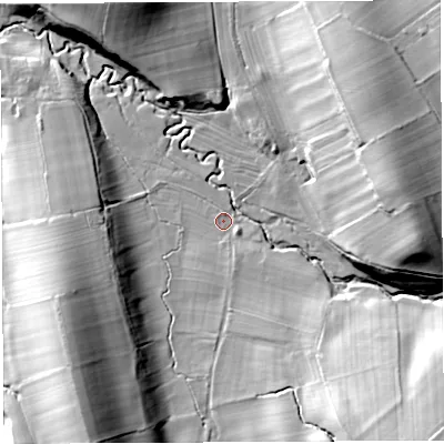 Shaded relief map of the ground around CA103DB, computed from Environment Agency LiDAR. The ground here sits at about 147 m above sea level and falls 36 m across the surrounding 800 m. Surface water reaching this point runs off ground lying to the south-east, 3.7 m higher.