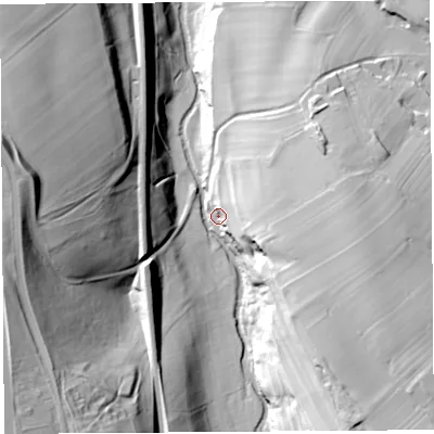 Shaded relief map of the ground around CA103DH, computed from Environment Agency LiDAR. The ground here sits at about 180 m above sea level and falls 56 m across the surrounding 800 m. Surface water reaching this point runs off ground lying to the south-south-west, 43.0 m higher.