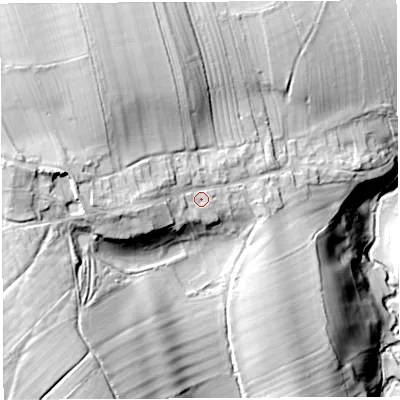 Shaded relief map of the ground around CA103EX, computed from Environment Agency LiDAR. The ground here sits at about 181 m above sea level and falls 46 m across the surrounding 800 m. Surface water reaching this point runs off ground lying to the west, 9.3 m higher.