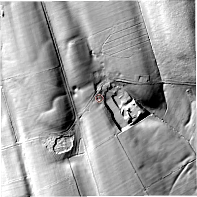 Shaded relief map of the ground around CA103HB, computed from Environment Agency LiDAR. The ground here sits at about 181 m above sea level and falls 47 m across the surrounding 800 m. Surface water reaching this point runs off ground lying to the south-south-west, 26.0 m higher.