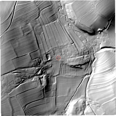 Shaded relief map of the ground around CA103HD, computed from Environment Agency LiDAR. The ground here sits at about 201 m above sea level and falls 60 m across the surrounding 800 m. Surface water reaching this point runs off ground lying to the west, 32.4 m higher.