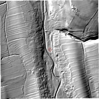 Shaded relief map of the ground around CA103HL, computed from Environment Agency LiDAR. The ground here sits at about 166 m above sea level and falls 53 m across the surrounding 800 m. Surface water reaching this point runs off ground lying to the south-east, 27.7 m higher.