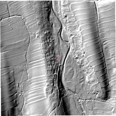 Shaded relief map of the ground around CA103HN, computed from Environment Agency LiDAR. The ground here sits at about 169 m above sea level and falls 35 m across the surrounding 800 m. Surface water reaching this point runs off ground lying to the west-south-west, 11.4 m higher.
