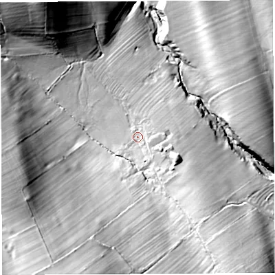 Shaded relief map of the ground around CA103HX, computed from Environment Agency LiDAR. The ground here sits at about 197 m above sea level and falls 48 m across the surrounding 800 m. Surface water reaching this point runs off ground lying to the south-east, 8.8 m higher.