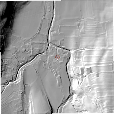 Shaded relief map of the ground around CA103JA, computed from Environment Agency LiDAR. The ground here sits at about 183 m above sea level and falls 61 m across the surrounding 800 m. Surface water reaching this point runs off ground lying to the south-east, 2.0 m higher.