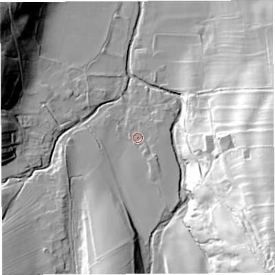 Shaded relief map of the ground around CA103JE, computed from Environment Agency LiDAR. The ground here sits at about 184 m above sea level and falls 64 m across the surrounding 800 m. Surface water reaching this point runs off ground lying to the south-south-east, 2.6 m higher.